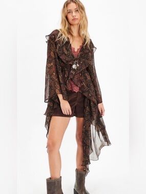 Free People Brown Paisley Sheer Ruffled Duster